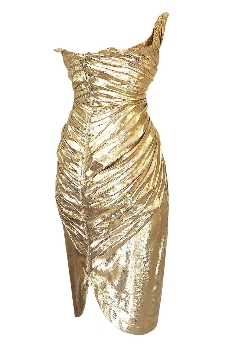 Rare Spring 1985 Thierry Mugler Bombshell Pleated Gold Lurex 'Shell' D Shrimpton Couture Rare Spring 1985 Thierry Mugler Bombshell Pleated Gold Lurex 'Shell' D Shrimpton Couture