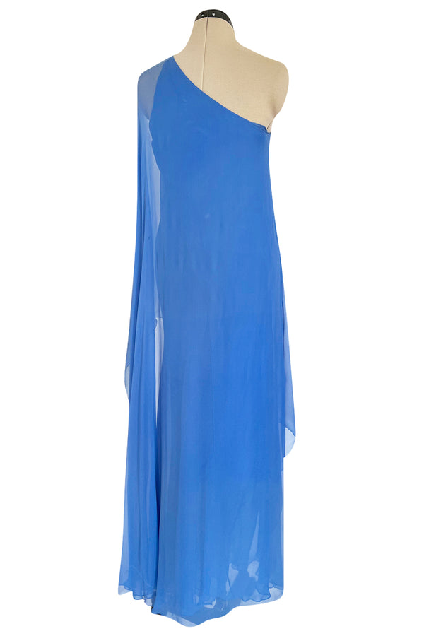 Incredible 1973 Halston One Shoulder Couture Brilliant Blue Silk Chiffon Dress