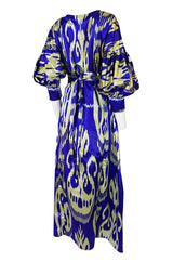Recent Zazi Vintage Silk Ikat "Madhu" Bliue & Gold Caftan Dress