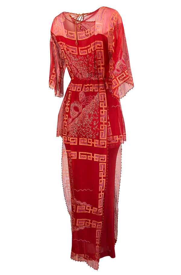 Fall 1979 Zandra Rhodes Book Piece 'Chinese Squares' Printed Red Silk Chiffon Dress