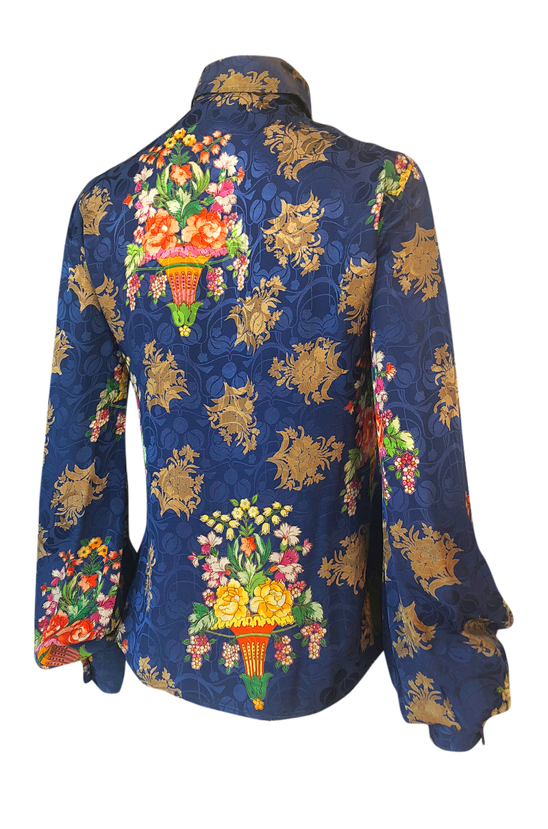 1960s Rare Blue Floral Print Silk Jeff Banks Button Shirt