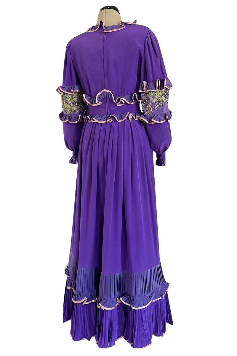 Rare 1960s Tiziani Couture by Karl Lagerfeld Purple Silk Dress w Intricate Hand Beading