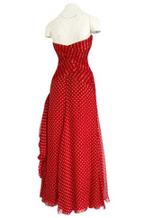 Important Spring 1986 Valentino Haute Couture Red & White Dot Strapless Silk Chiffon Dress