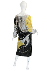 1983 Halston Sequin and Bead Covered Top & Skirt Dress Set