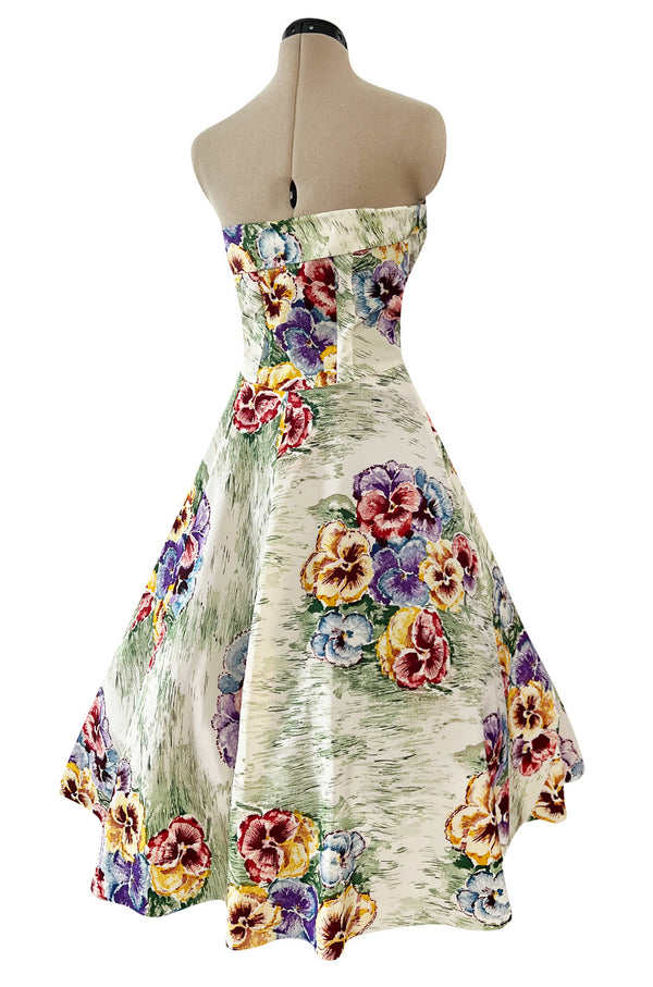 Sweetest 1950s Party Lines by Emma Domb Pansy Print Strapless Dress w Full Skirt