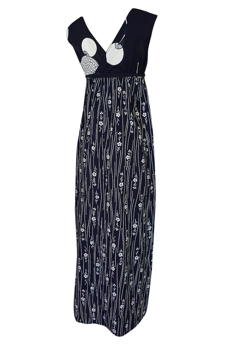 Spring 1977 Hanae Mori Fan & Flower Print Blue Yukata Cotton Dress