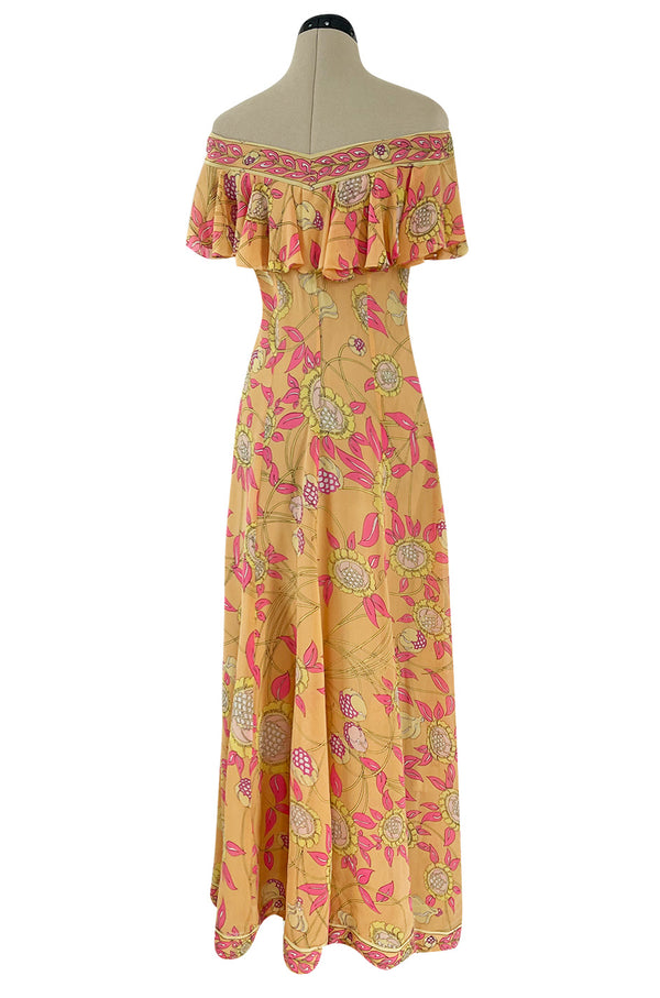 Prettiest 1960s Emilio Pucci Pink & Yellow Print on Peach Silk Chiffon Ruffled Off Shoulder Dress