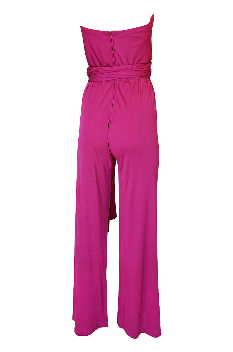 1970s Scott Barrie Multi Wrap Bodice Pink Silk Jersey Jumpsuit