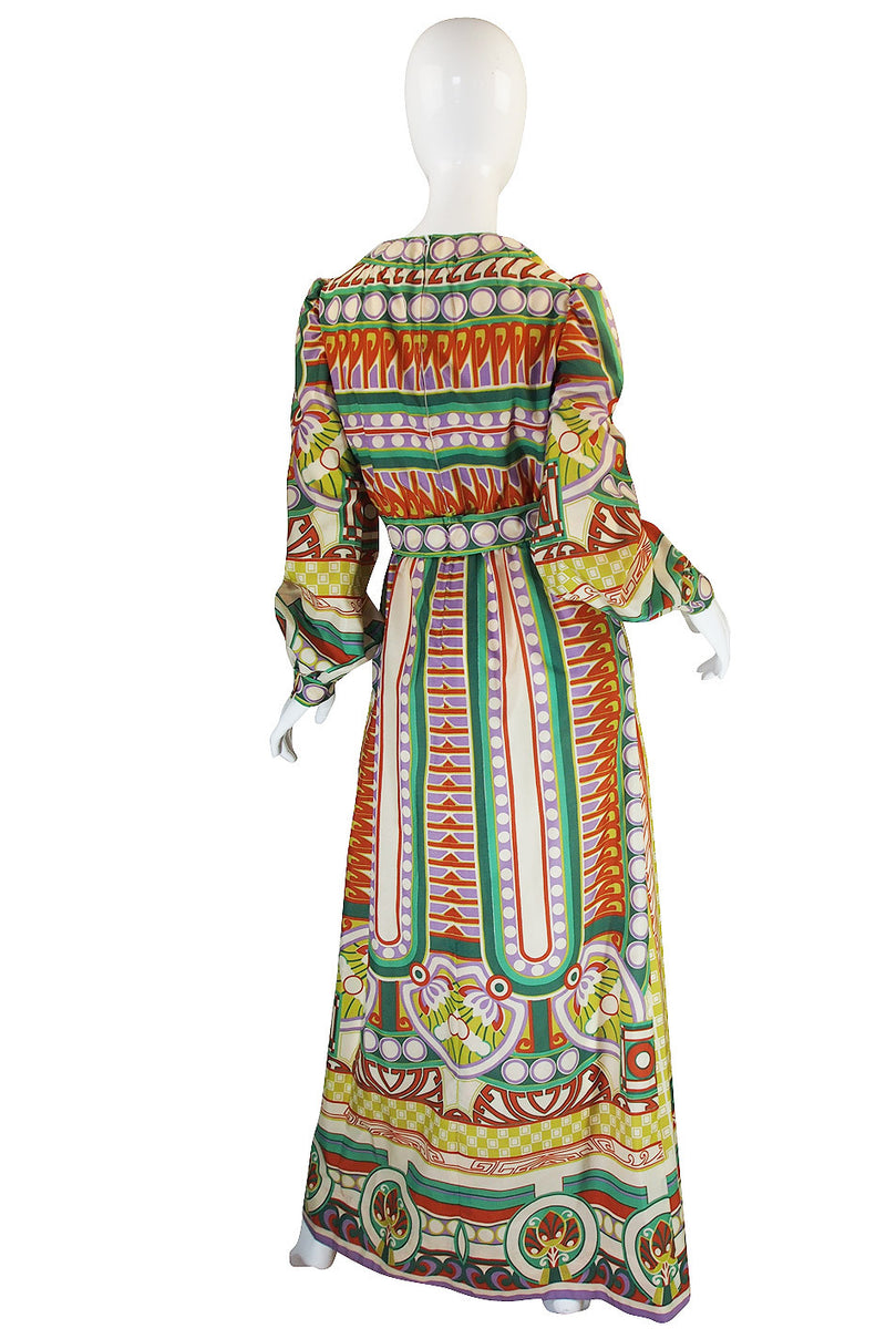 1960s Tribal Print Silk Malcolm Starr Maxi Dress