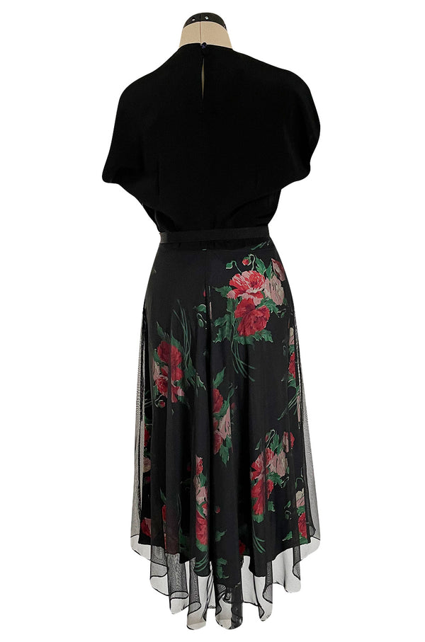 Gorgeous 1930s Best & Co. Black Silky Rayon Top w Netted Over Floral Printed Swing Skirt