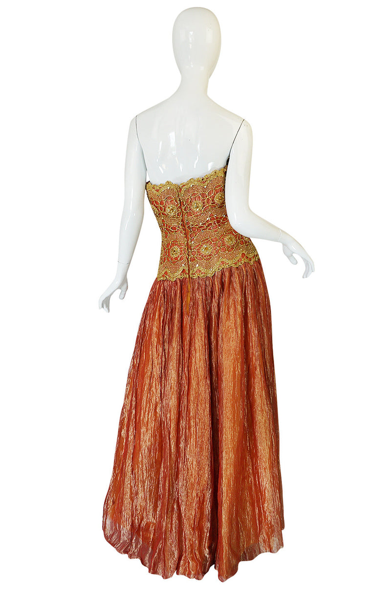 1980s Bob Mackie Strapless Gold Cord & Lame Silk Dress