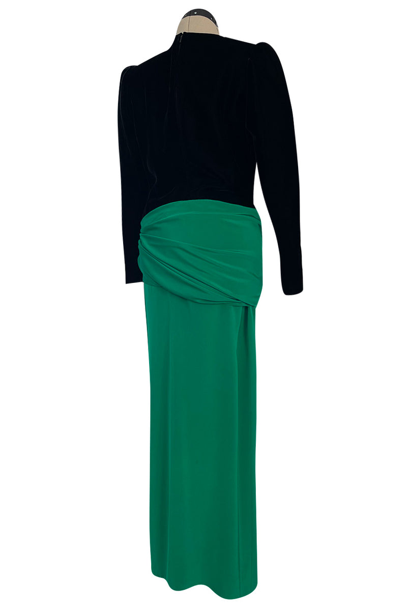 Fall 1983 Ady Couture Lausanne for Yves Saint Laurent Silk Black Velvet Bodice Dress w Emerald Green Silk Skirt