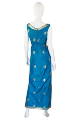 1950s Blue Fine Tissue Silk & Gold Gown