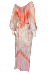 1970s Lillie Rubin Pink & Cream Tie Dye Silk Chiffon Dress