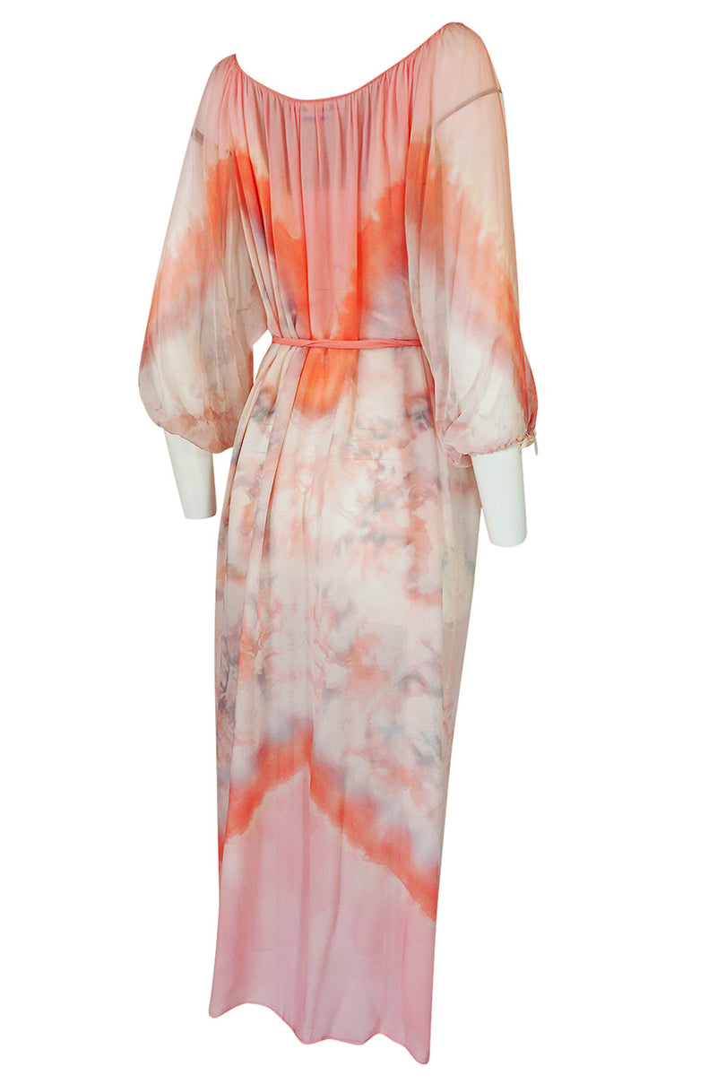 1970s Lillie Rubin Pink & Cream Tie Dye Silk Chiffon Dress
