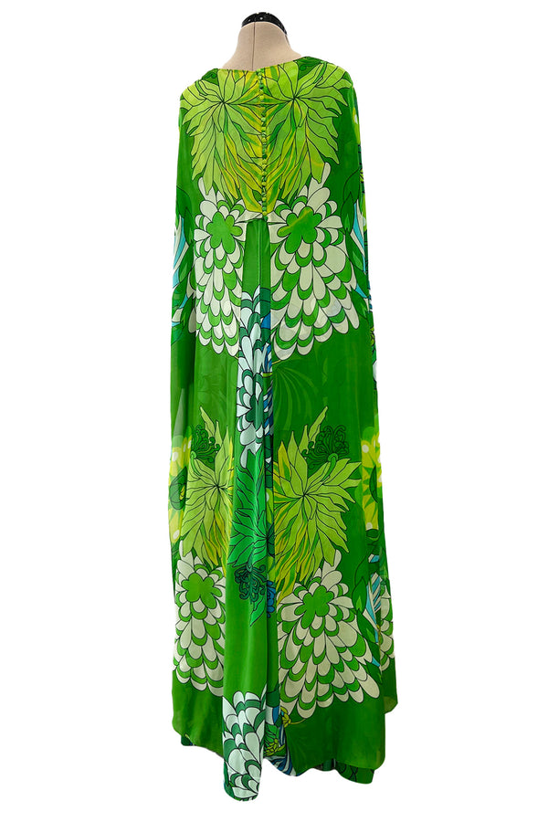 Phenomenal Early 1970s La Mendola Green Silk Jersey Caftan Dress w Silk Chiffon Overlay