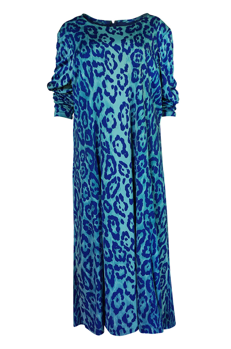 1970s La Mendola Silk Jersey Blue Print Dress & Knit Jersey Coat Set