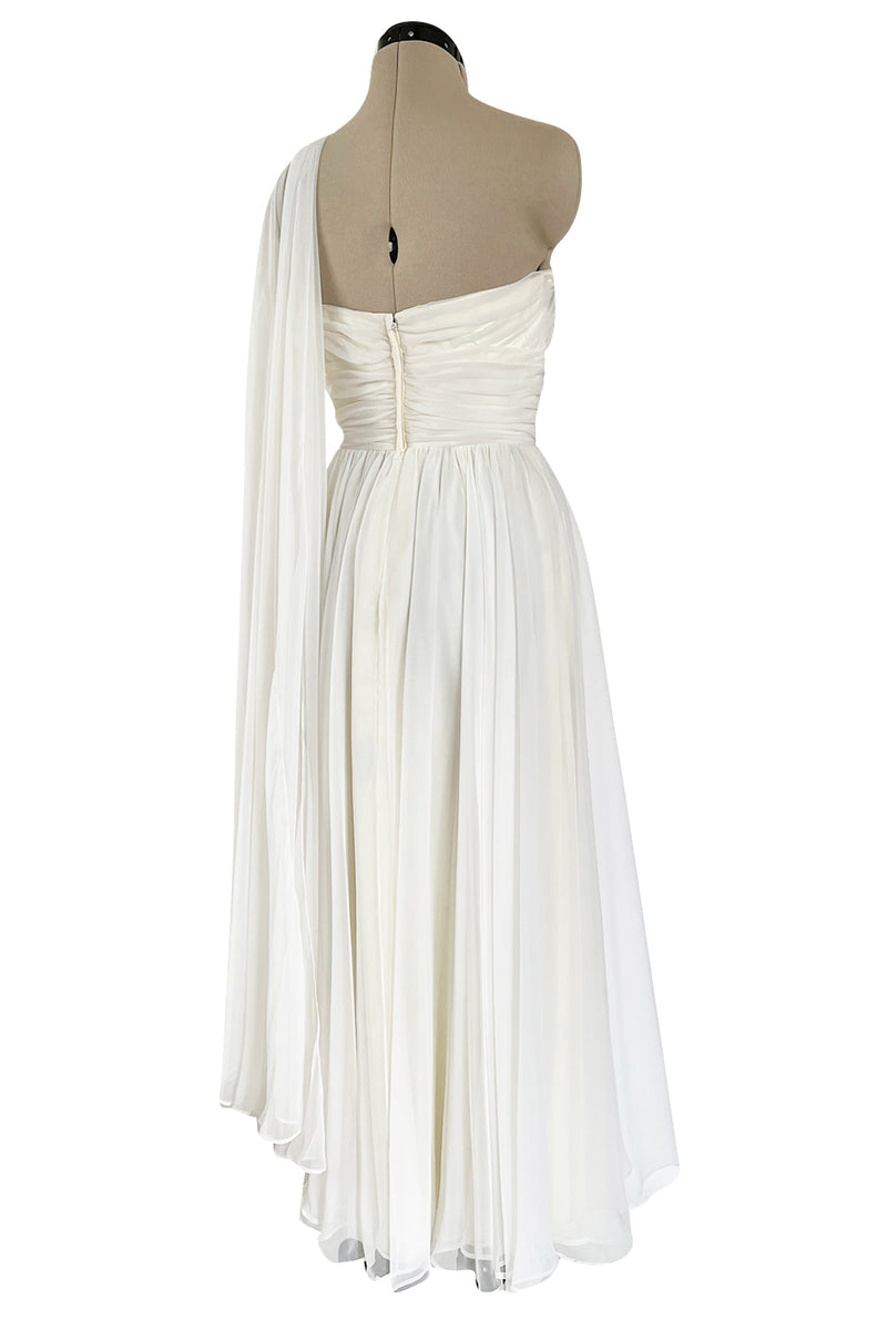 Prettiest 1960s Kiki Hart One Shoulder White Chiffon Dress w Full Skirts & Cascading Panel