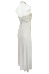 1970s Victoria Royal Pale Grey Jersey Dress w Jeweled Ring Collar