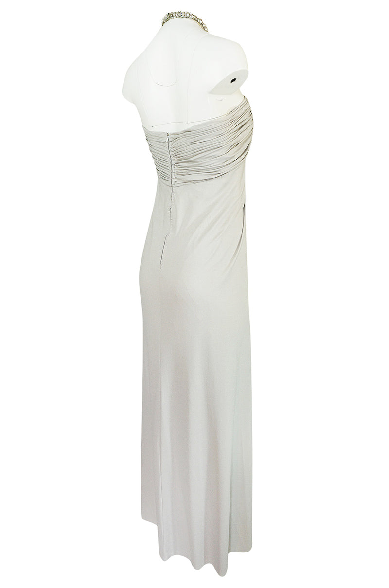 1970s Victoria Royal Pale Grey Jersey Dress w Jeweled Ring Collar