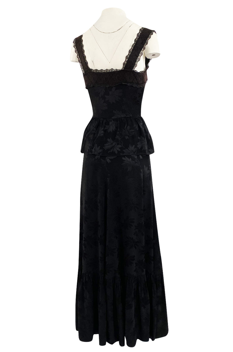 Rare 1970s Mary Quant Black Silk Floral Weave Maxi Dress w Peplum & Ruffled Hem