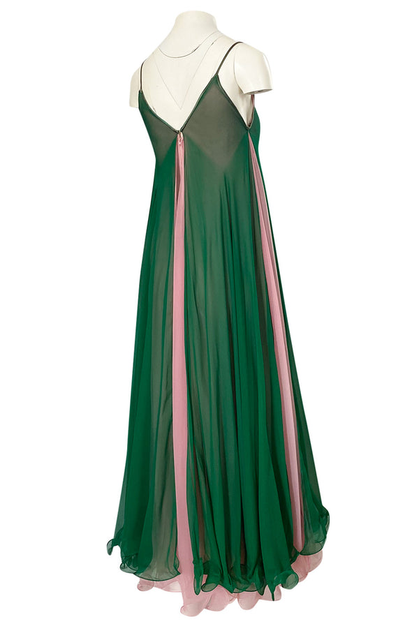 1960s Unlabeled Multiple Layered Pink & Green Chiffon Swing Maxi Dress