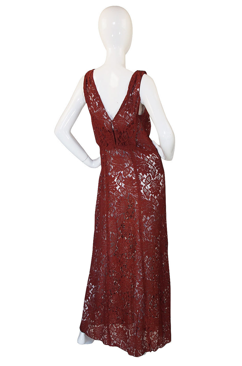 1930s Stunning Bias Cut Rust Lace Gown