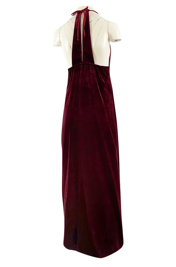 1970s Deep Front Plunge & Racer Back Halter Dress in a Jewel Toned Burgundy Silk Velvet