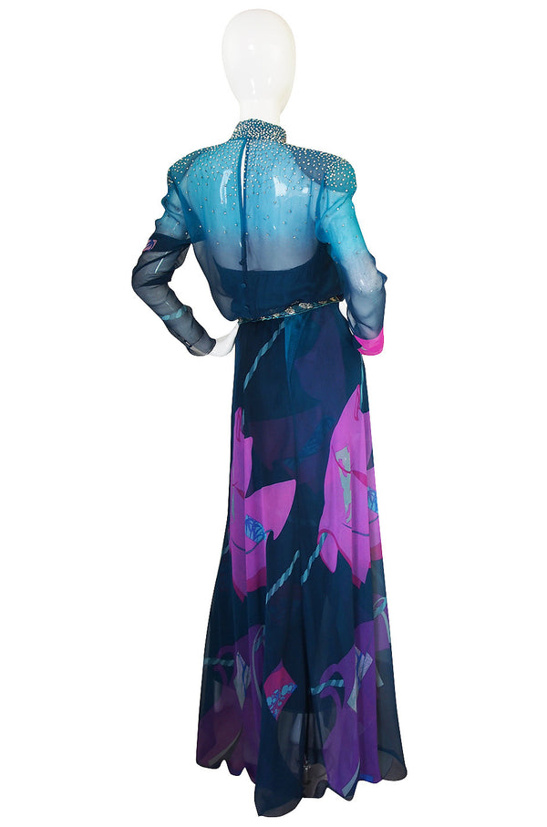 1970s Hanae Mori Couture Beaded Silk Chiffon Dress