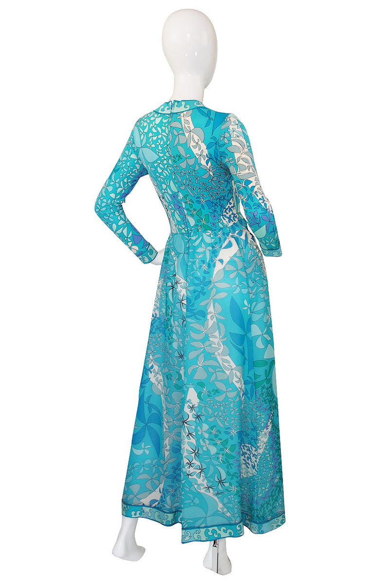 1970s Turquoise Blue Silk Bessi Maxi Dress
