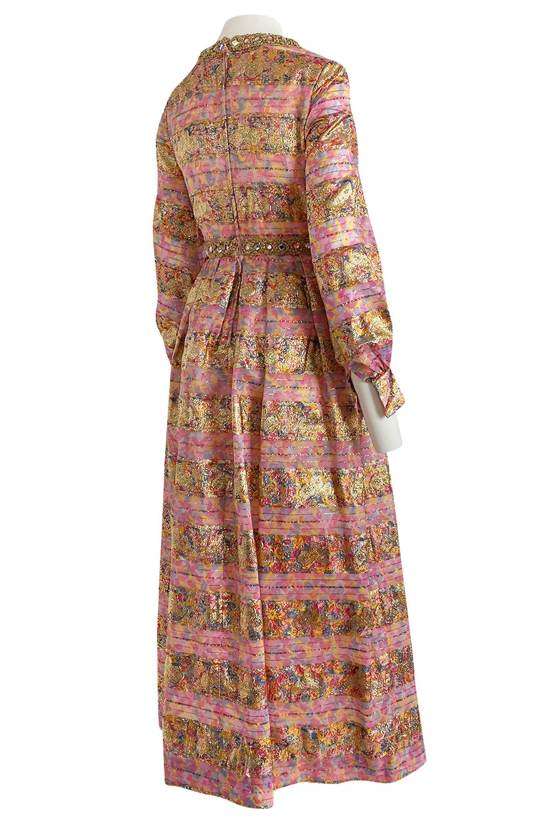 1960s Possible OLDR Metallic Pink & Gold Organza Dress w Gold Braid & Rhinestones