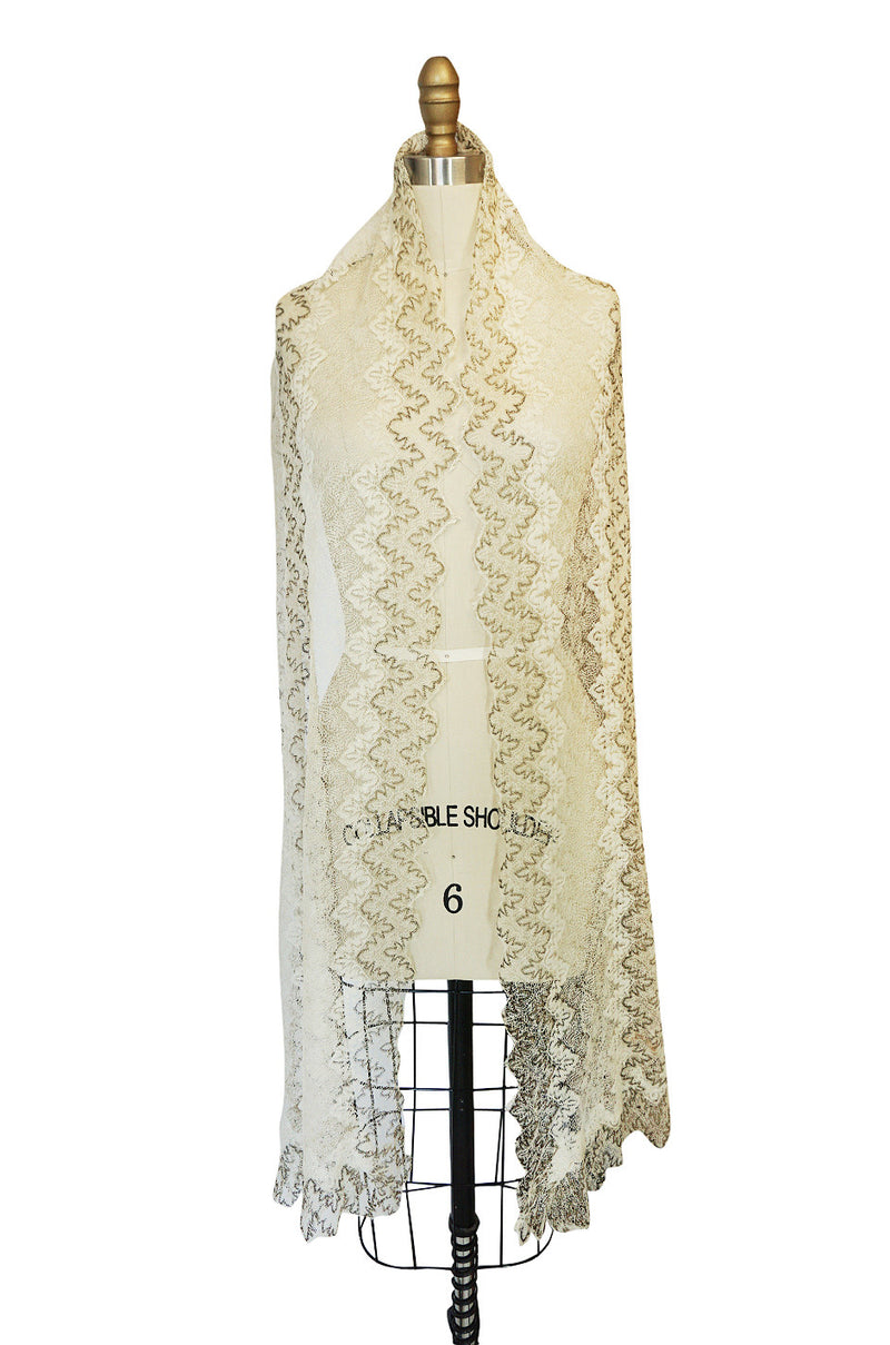 1920s "Cobweb" Cream Lace & Gold Thread Scarf