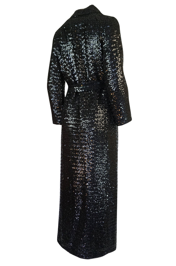 1970s Unlabeled Black Sequin Full Length Trench Style Maxi Coat