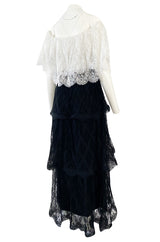 Prettiest 1970s Alfred Bosand Black & White Lace Tiered Off Shoulder Full Length Dress
