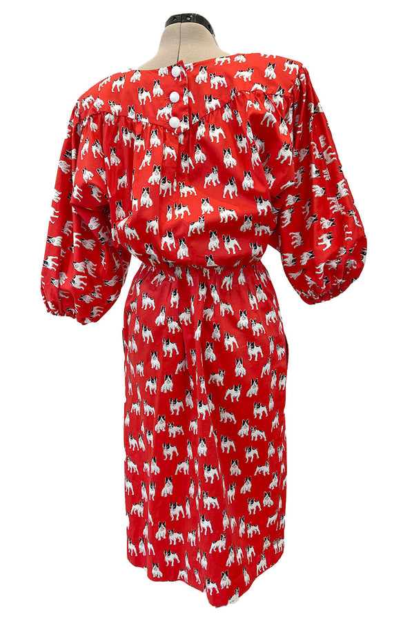 Iconic Spring 1987 Yves Saint Laurent Runway French Bulldog Printed Red Dress