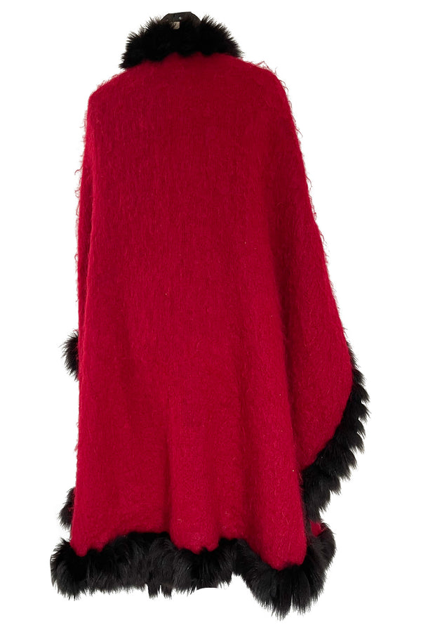 Fabulous 1970s Yves Saint Laurent Red Mohair Cape w Black Fox Fur Trim & Button Detailing