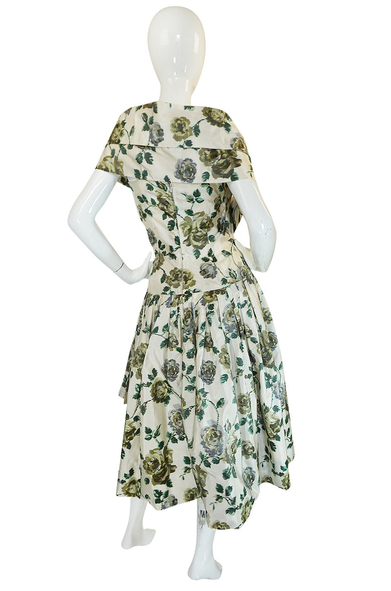 Stunning 1950s Demi-Couture Washed Print Silk Taffeta Dress