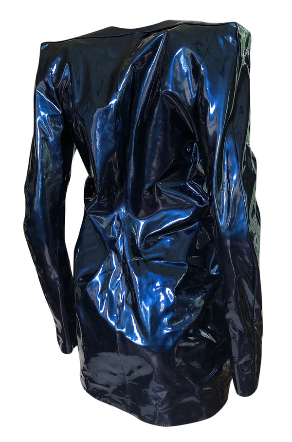 Fall 2017 Yves Saint Laurent Blue Patent Leather Ruffled Runway Dress