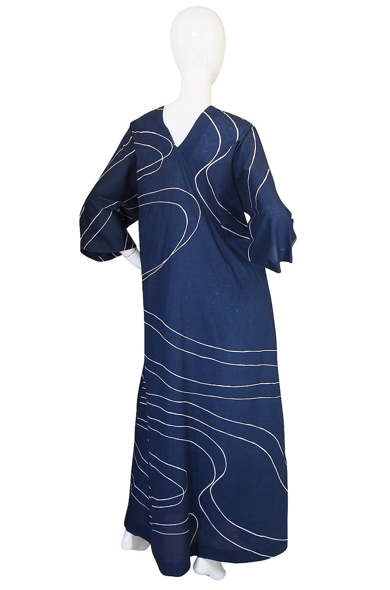 1960s Marimekko Deep Blue & White Print Caftan Dress
