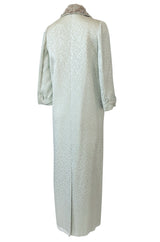 1960s Unlabeled Palest Green Silk Brocade Beaded Collar Great Coat