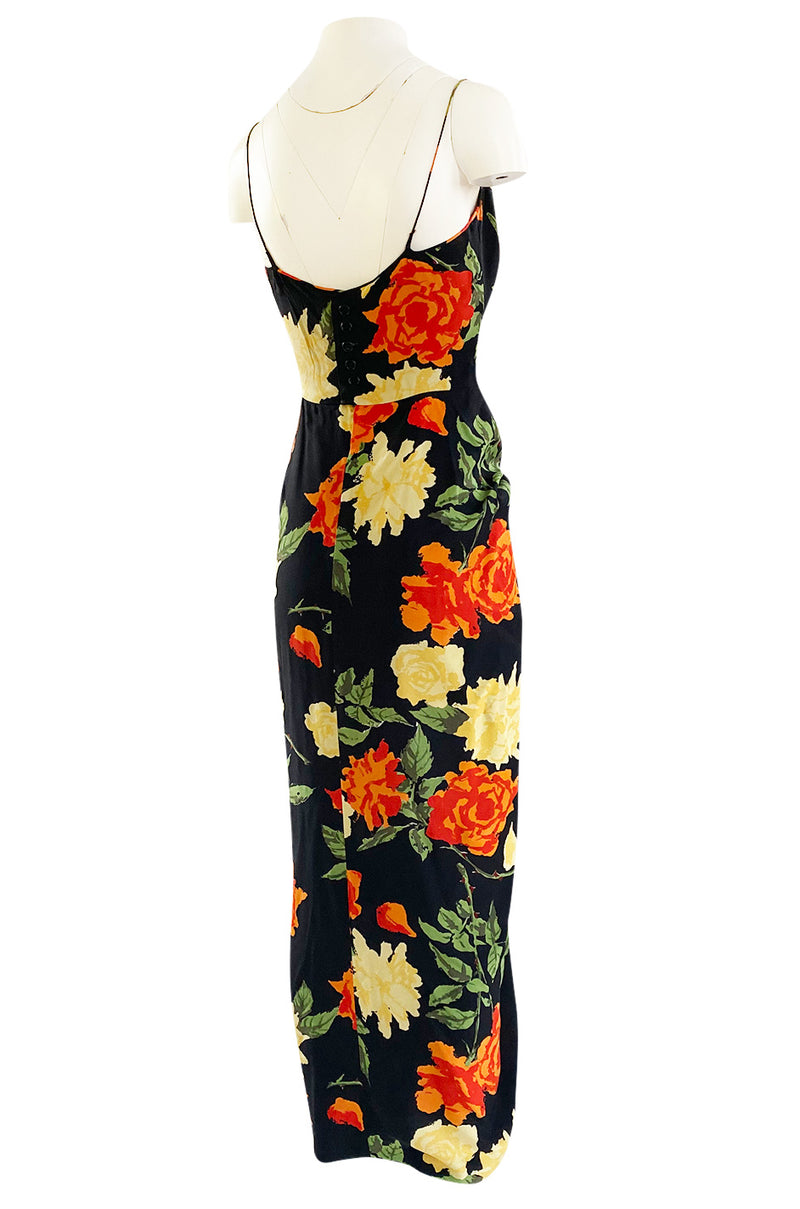 Brilliant 1957 James Galanos Large Floral Print Front Gathered Silk Evening Dress
