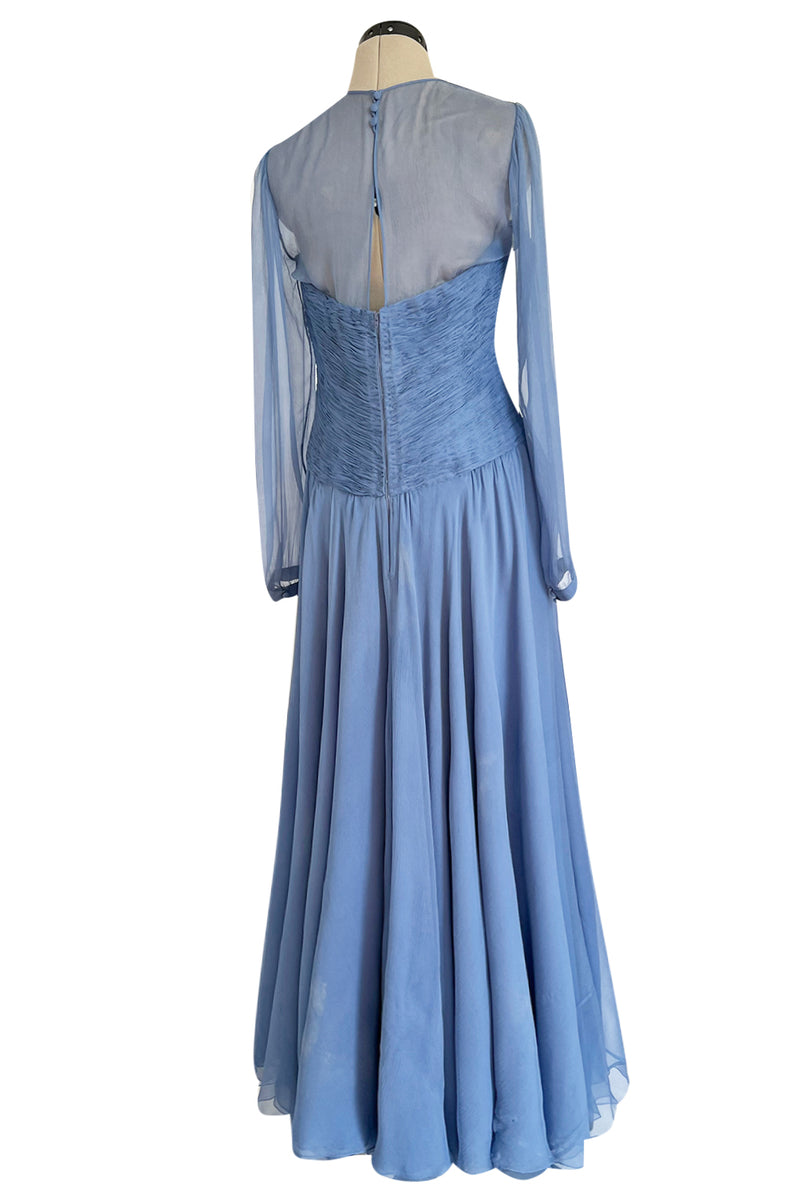 Incredible 1980s Valentino Haute Couture Pale Blue Silk Chiffon Dress w Elaborate Gathered Bodice