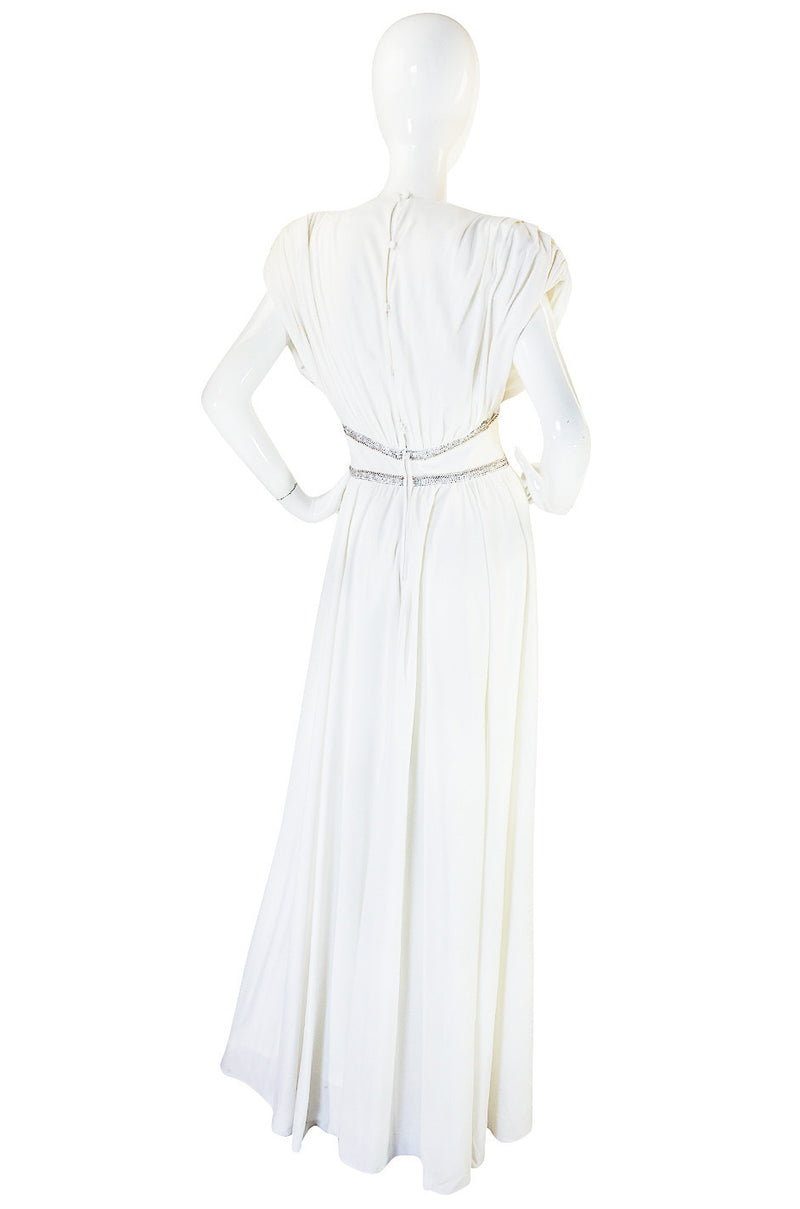 1970s Frank Usher Grecian Draped Beaded Jersey Dress