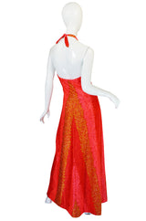 1960s DeWeese Coral and Red Halter Maxi Dress