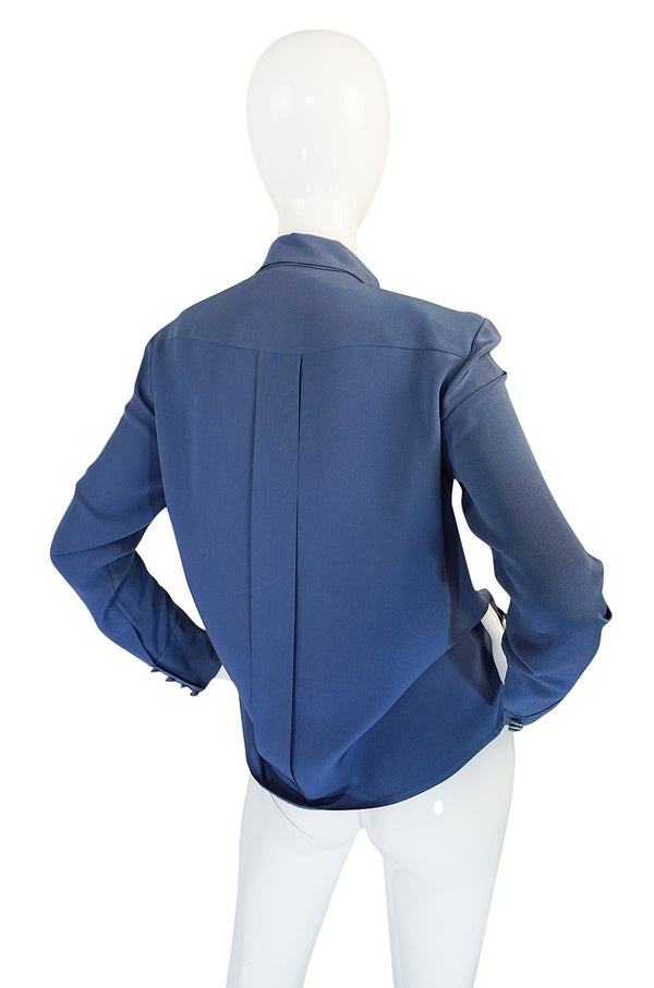 1980s Karl Lagerfeld Blue Silk Button Front Top
