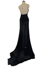Incredible 2006-2007 Roberto Cavalli Black Silk Extreme Plunge Dress w Trained Silk Chiffon Skirts