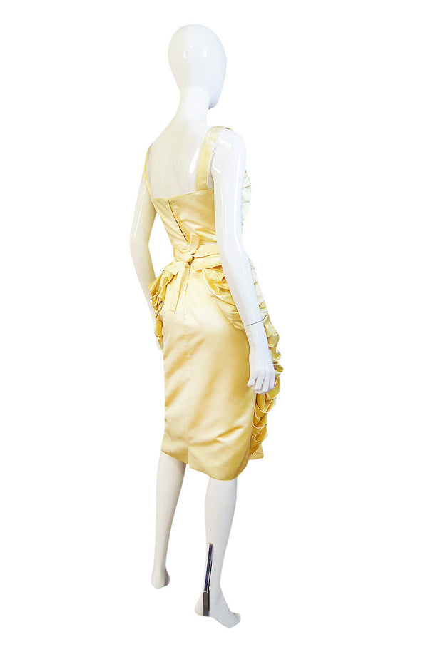 1950s Demi-Couture Pale Yellow Silk Satin Pleat Dress