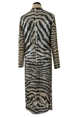 Iconic Late 1970s Halston Rare Iridescent Gold & Black Sequin Tiger Print Dress