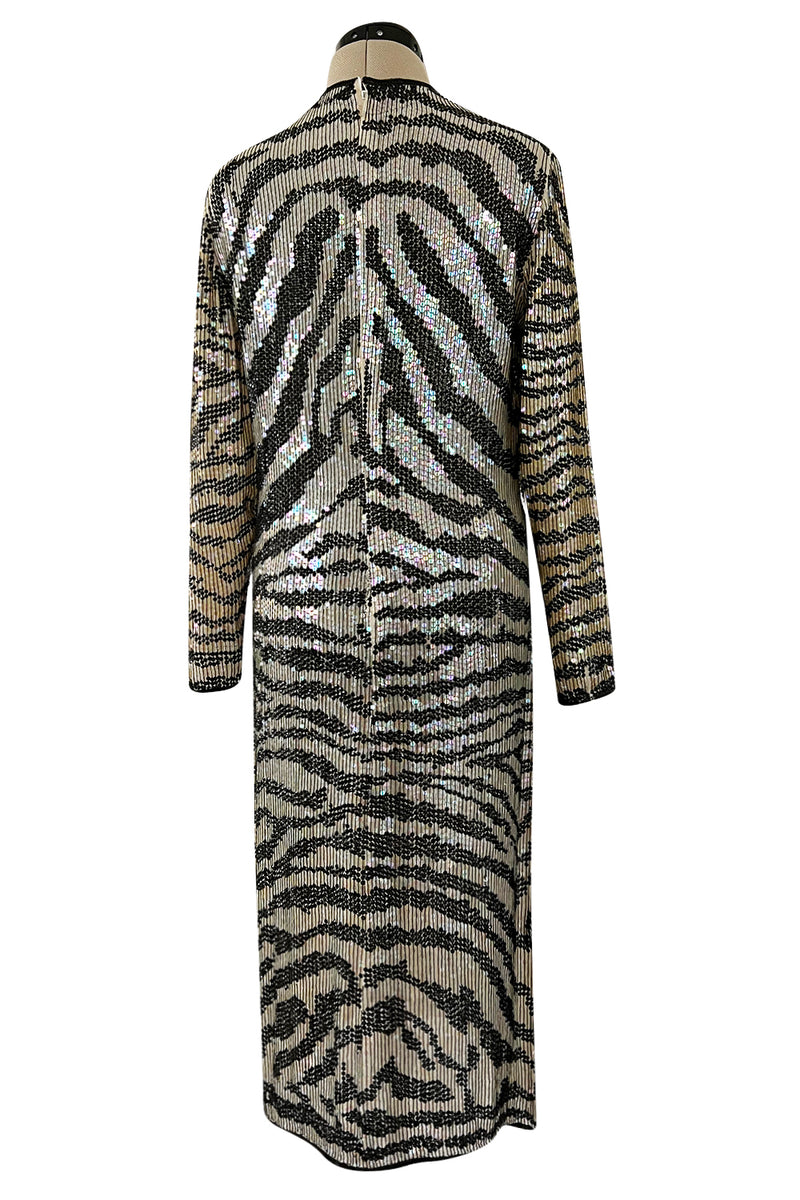 Iconic Late 1970s Halston Rare Iridescent Gold & Black Sequin Tiger Print Dress