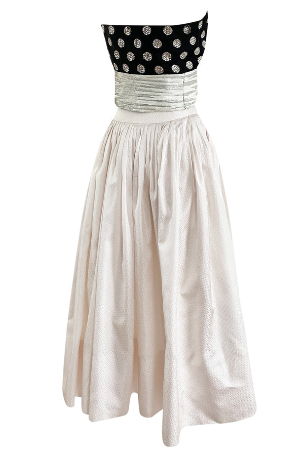 Spring 1983 Christian Dior by Marc Bohan Haute  Couture Black Sequin Bustier Top & Ivory Skirt Set